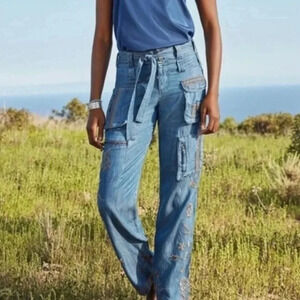 NWT Johnny Was Aventura baggy jeans, size 10. Cargo pockets and embroidery.